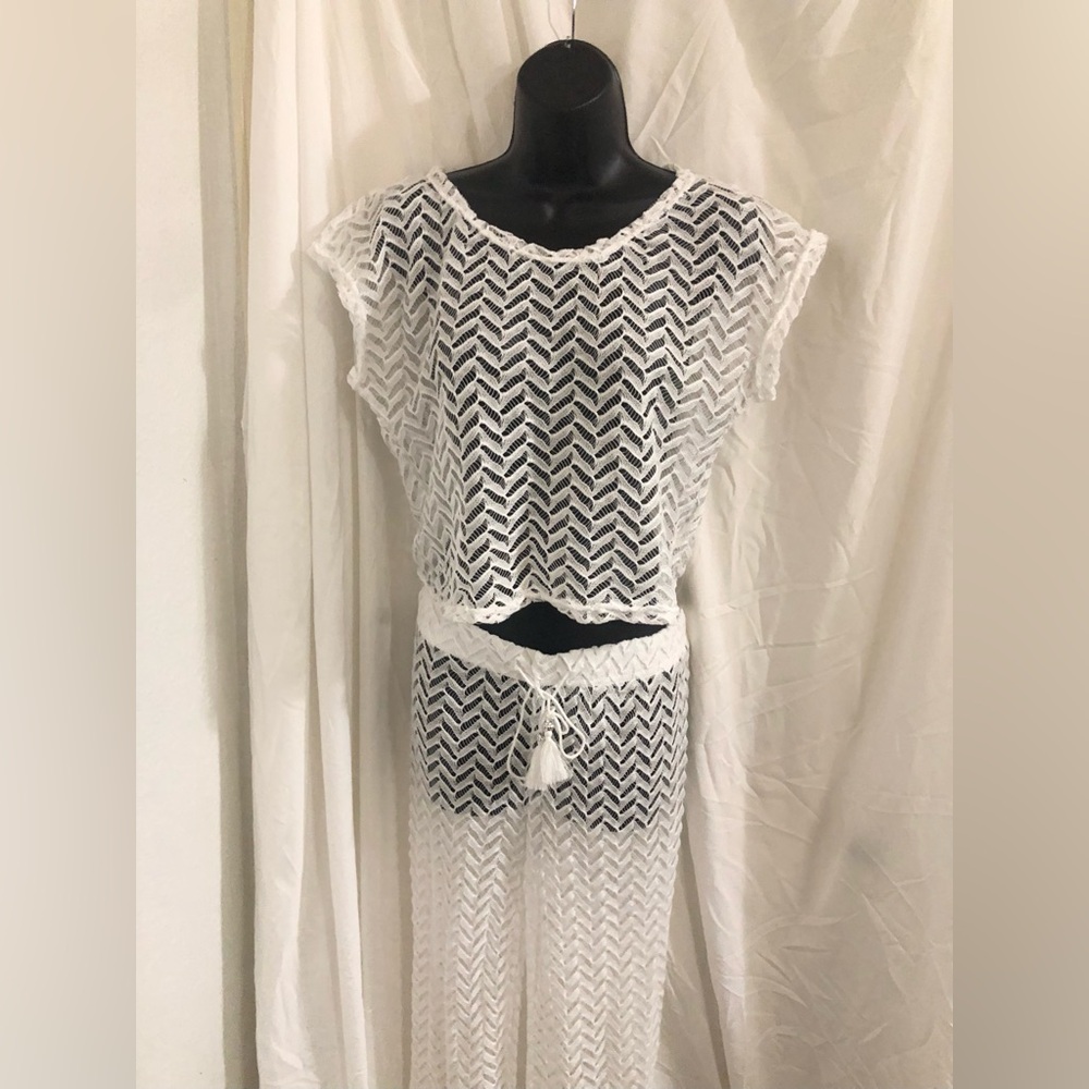 2piece white mesh net top and pants swim coverup‎ set size large brand new